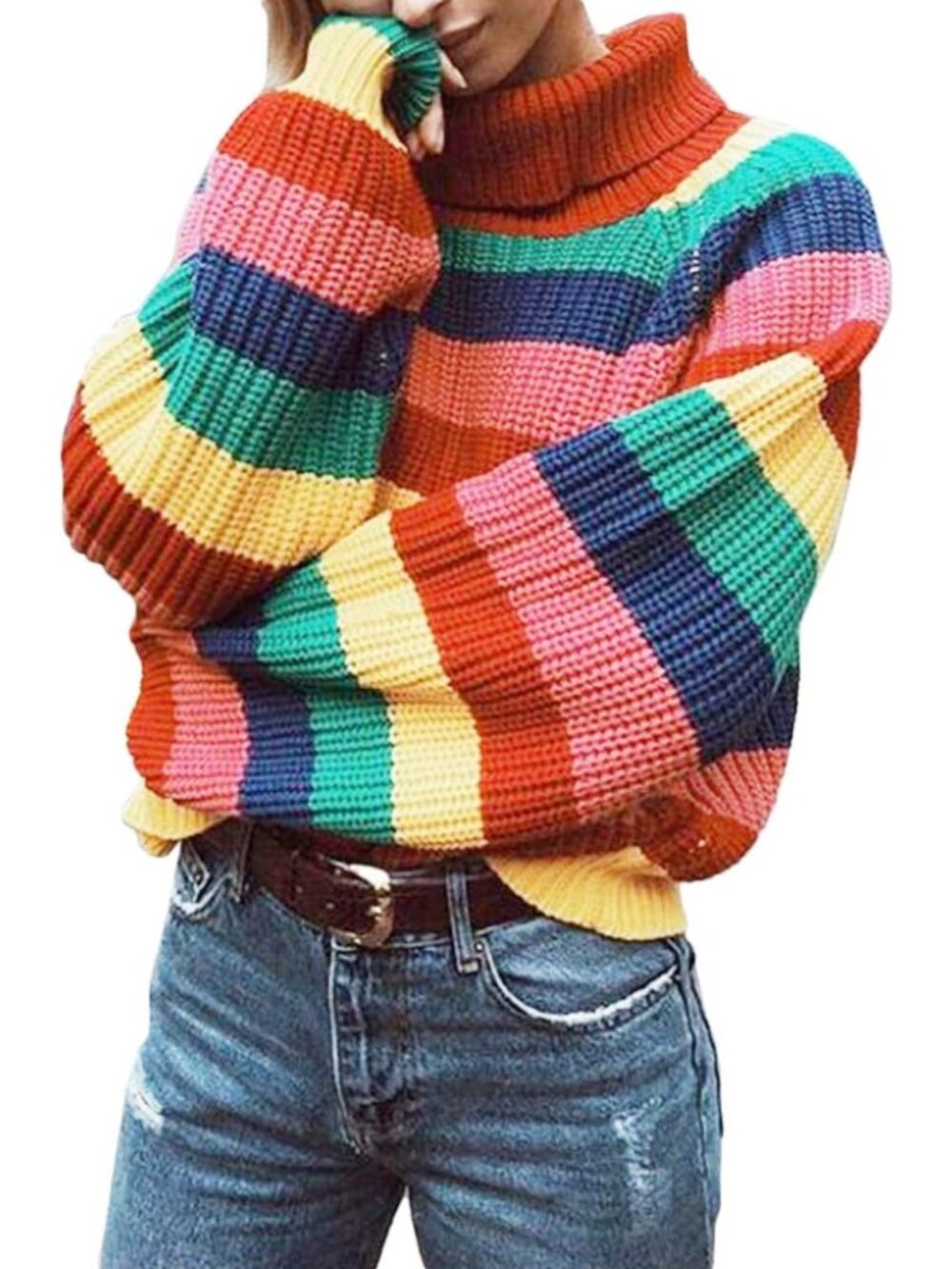 Colorful Striped Turtleneck Sweater | Long Sleeve Knit Pullover Top for Women - Picture 1 of 6